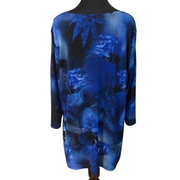 Clara Sun Woo Blue Floral Print Tunic Top Long Sleeve Asymmetric Hem Stretch SM - Picture 2 of 7